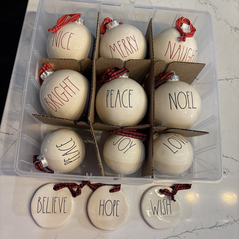 Rae Dunn Set Of 12 Ornaments,Peace, Love, Joy,  Naughty, Merry, Nice